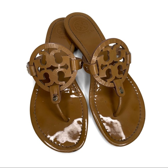❎ SOLD Tory Burch Miller Sandals Patent Leather Tan Brown Size 9 - Picture 11 of 14